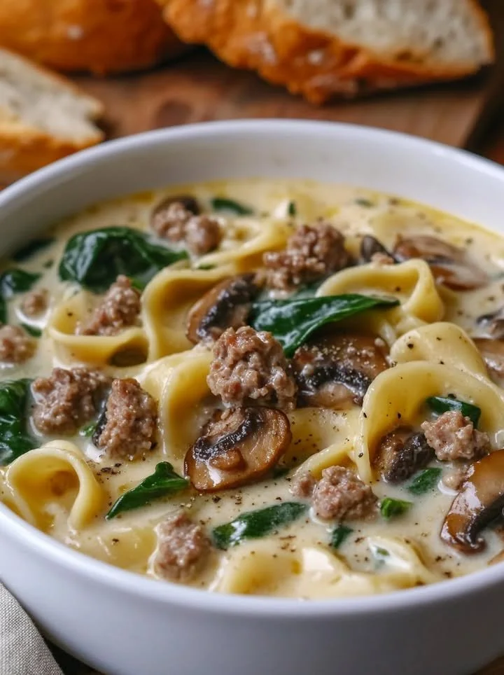 Bowl of creamy Alfredo Lasagna Soup topped with herbs and mozzarella cheese