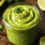Creamy avocado sauce in a bowl garnished with herbs