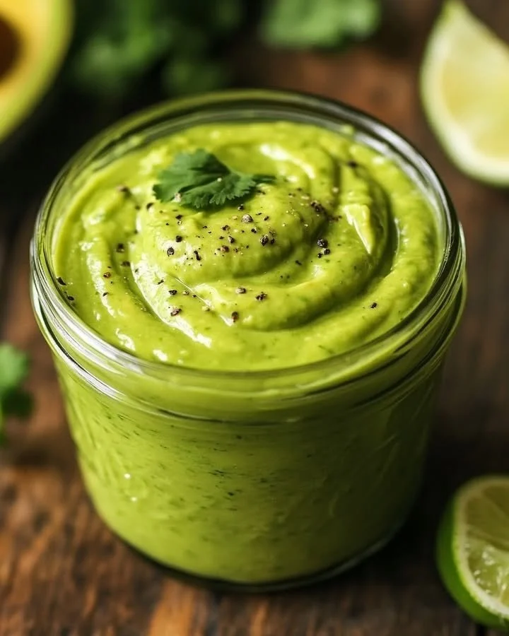 Creamy avocado sauce in a bowl garnished with herbs