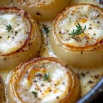 Creamy baked onions topped with melted Asiago cheese in a baking dish