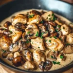 Creamy chicken cooked with mushrooms and Dijon sauce for a savory dish