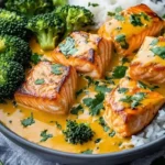 Creamy coconut curry salmon served with tender broccoli in a bowl.