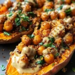 Creamy and crispy sweet potatoes with spiced chickpeas in a flavorful dish