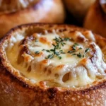 Creamy French onion soup served in freshly baked sourdough bread bowls.