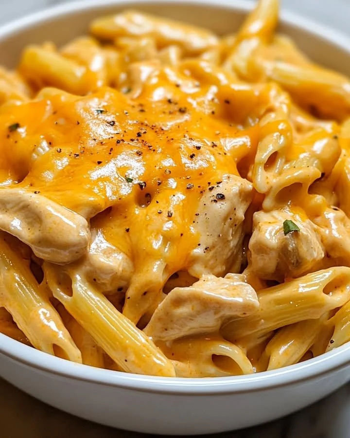 Plate of creamy Honey BBQ Chicken and cheddar pasta garnished with herbs