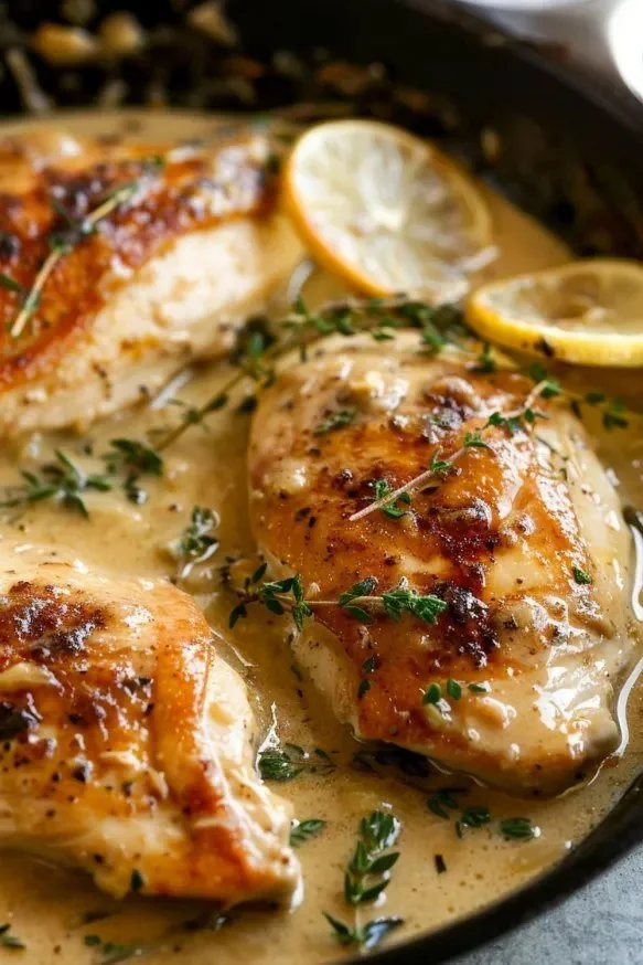 Creamy lemon thyme chicken served with herbs and lemon slices on a plate