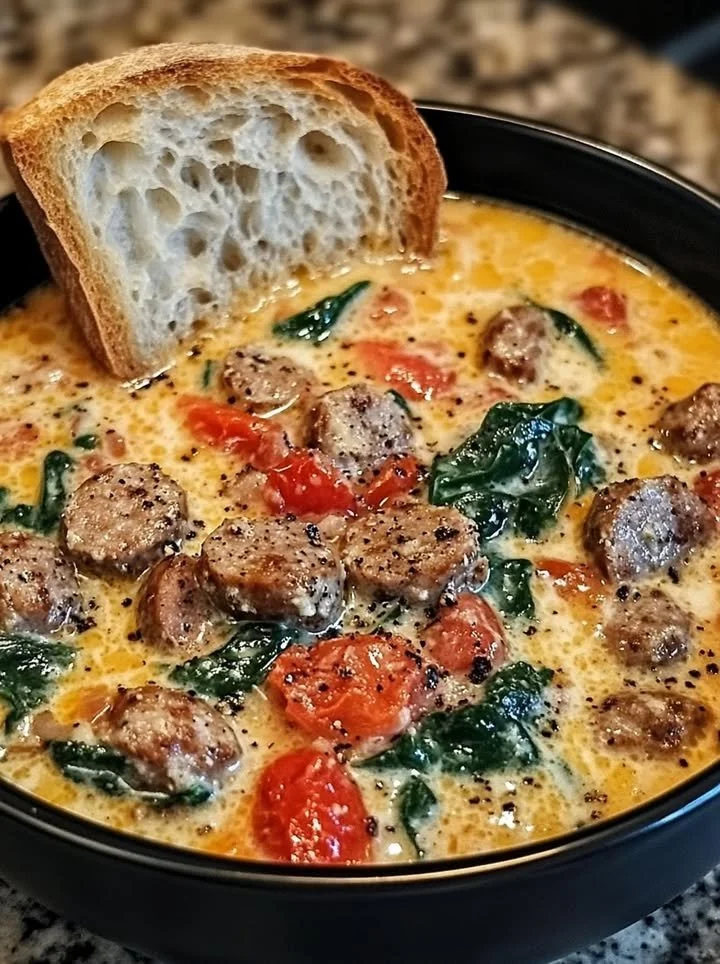 Creamy Parmesan Italian Sausage Soup in a bowl, garnished with herbs.