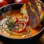 Bowl of creamy roasted tomato and garlic soup garnished with fresh basil.