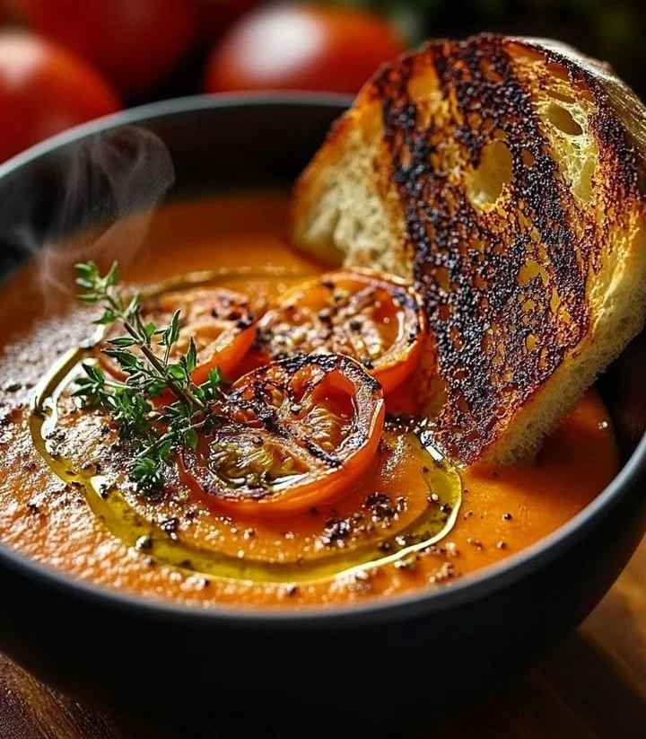 Bowl of creamy roasted tomato and garlic soup garnished with fresh basil.