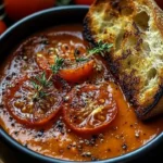 Creamy roasted tomato and garlic soup served in a bowl with fresh basil.