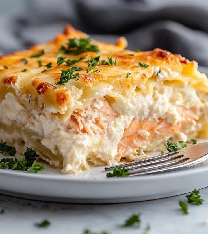 Creamy salmon lasagna with spinach and ricotta layered beautifully on a plate.