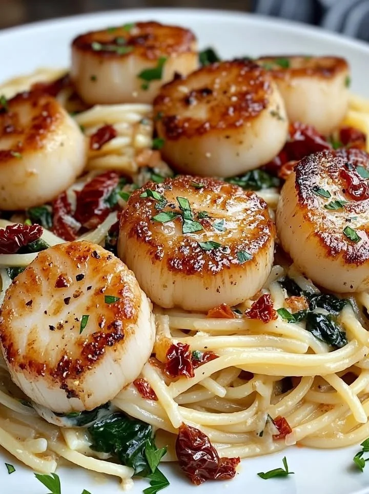 Creamy scallop spaghetti with spinach, a delicious seafood pasta dish