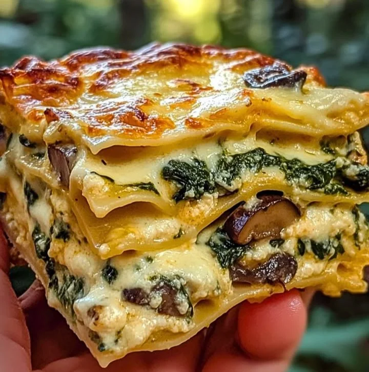 Creamy spinach mushroom lasagna with cheesy layers and fresh ingredients