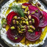 Creamy whipped feta topped with marinated beets and pistachios