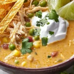 Creamy white chicken chili served in a bowl topped with cilantro and lime.