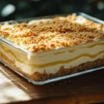 Cremora and Yogurt Fridge Tart dessert in a glass dish with fresh fruit on top