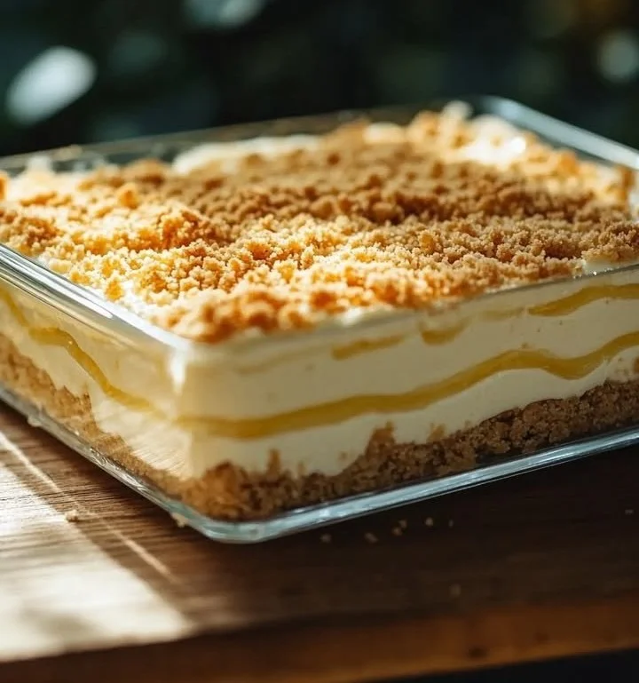 Cremora and Yogurt Fridge Tart dessert in a glass dish with fresh fruit on top