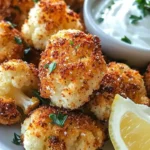 Crispy baked cauliflower bites served on a plate with dipping sauce.