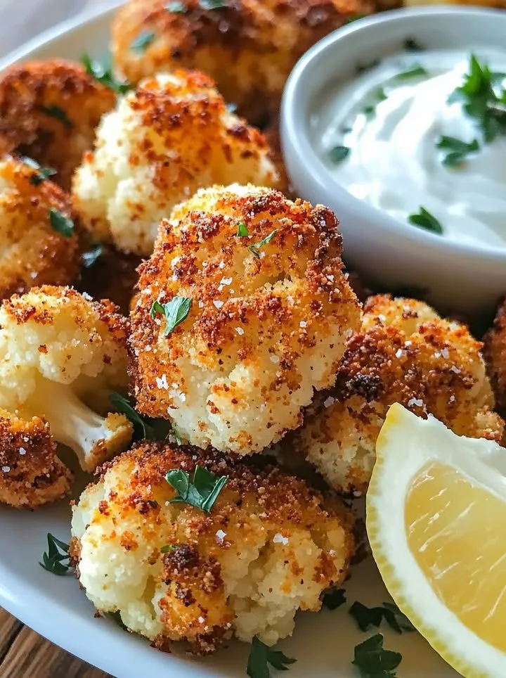 Crispy baked cauliflower bites served on a plate with dipping sauce.