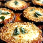 Crispy baked eggplant parmesan served on a plate with fresh basil.