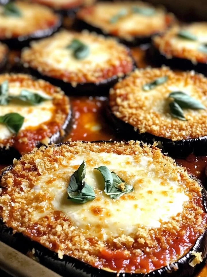Crispy baked eggplant parmesan served on a plate with fresh basil.