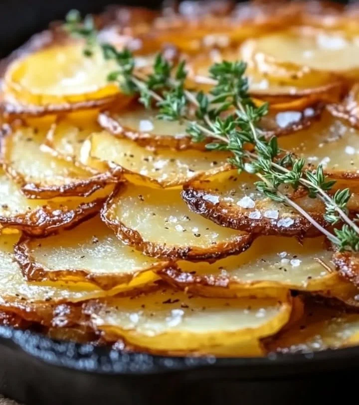 Crispy balsamic-thyme potato torte garnished with herbs
