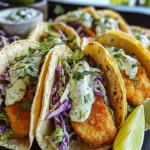 Crispy fish tacos served with cilantro lime slaw