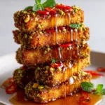 Crispy halloumi coated in pistachio with lime-honey drizzle on top