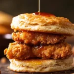 Crispy honey butter fried chicken biscuits served on a plate with honey drizzle