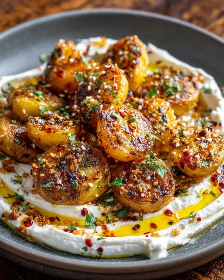 Plate of crispy smashed potatoes topped with whipped feta and drizzled with chili oil