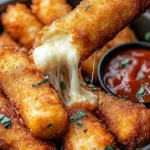 Crispy mozzarella sticks served with marinara sauce and creamy dip