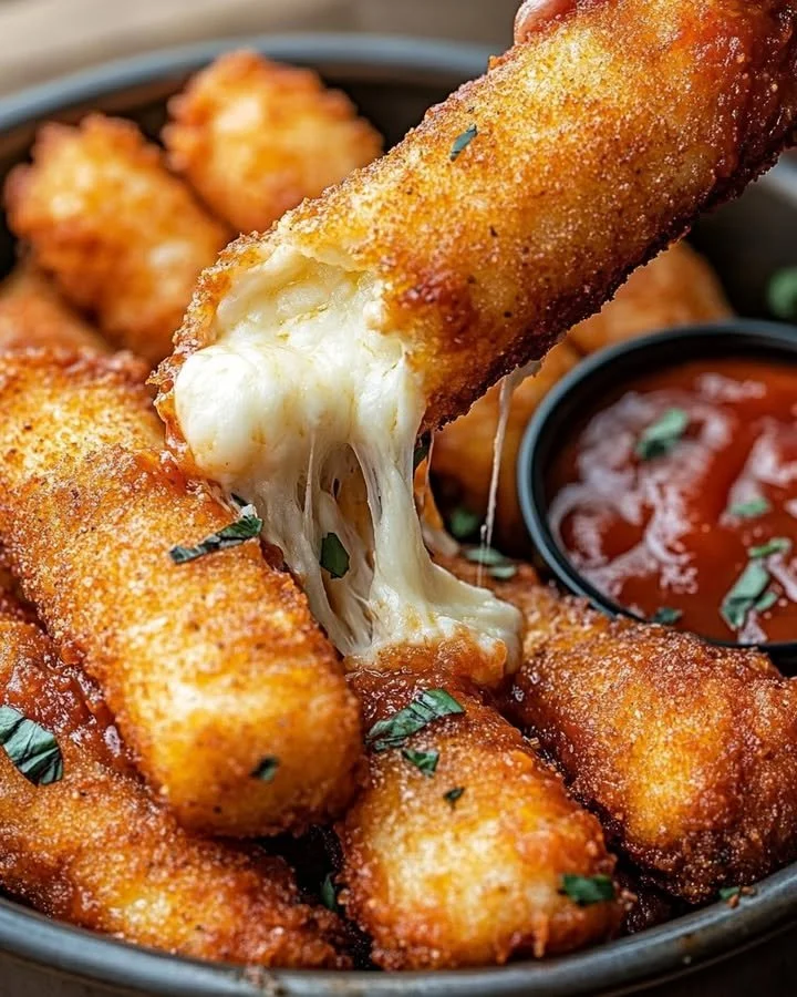 Crispy mozzarella sticks served with marinara sauce and creamy dip