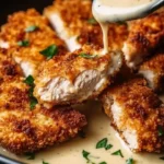 Crispy Parmesan Chicken served with garlic sauce on a plate
