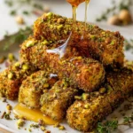 Crispy pistachio-crusted feta sticks with a drizzle of hot honey