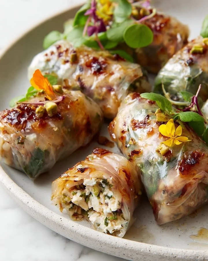 Crispy rice paper parcels filled with whipped feta and pistachio.