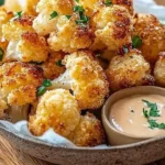 Bowl of crispy roasted cauliflower bites garnished with herbs