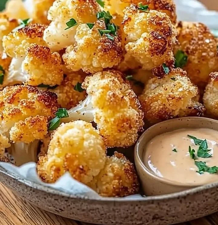 Bowl of crispy roasted cauliflower bites garnished with herbs