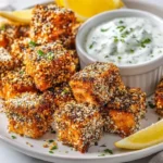 Crispy salmon cubes with everything crust served with onion dip