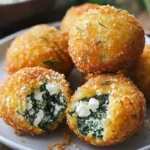 Crispy spinach feta cornmeal fritters served on a plate with dipping sauce.