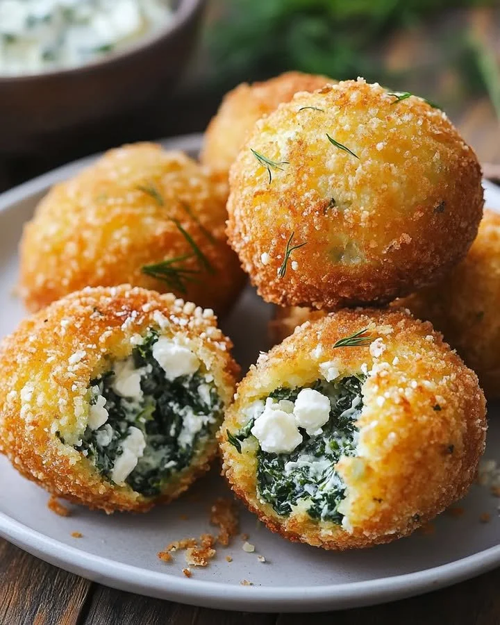 Crispy spinach feta cornmeal fritters served on a plate with dipping sauce.