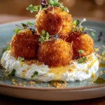 Crispy sweet potato balls served with whipped feta and drizzled with honey
