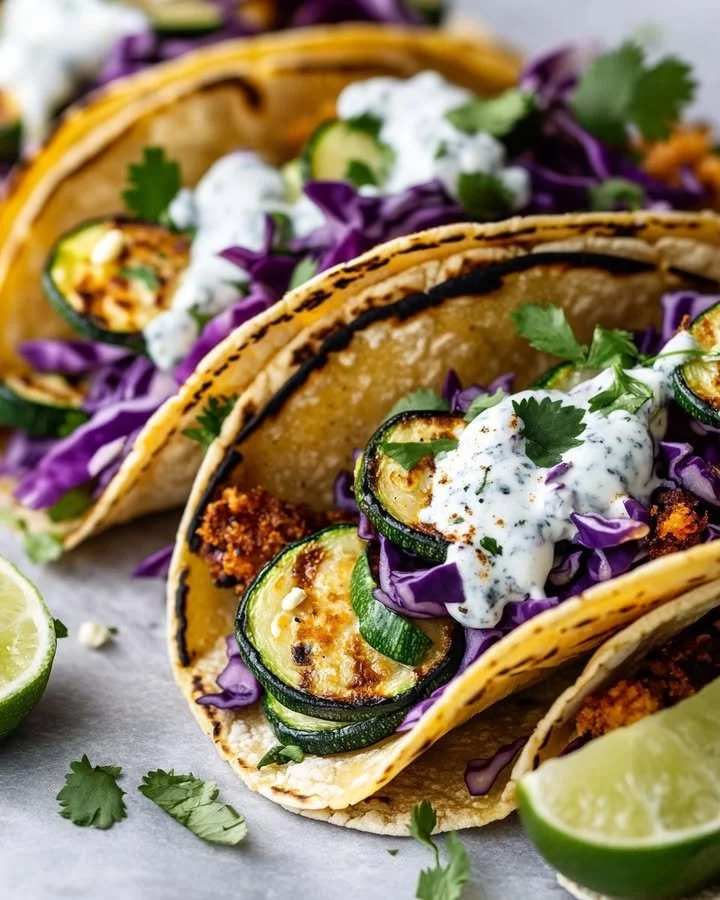 Crispy zucchini tacos topped with blue cheese on a wooden plate
