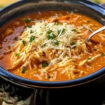 Crock Pot Creamy Chicken Parmesan Soup in a bowl with herbs and wooden spoon