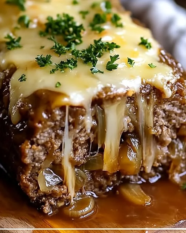 Crockpot French Onion Meatloaf topped with melted Swiss cheese
