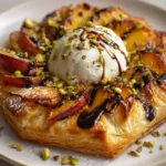 Crowned puff pastry wreath with burrata, grilled peaches, and pistachios.