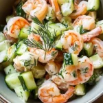 Cucumber shrimp salad with fresh vegetables and dressing on a plate
