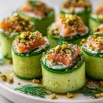 Cucumber Sushi Rolls with feta and salmon crunchy topping