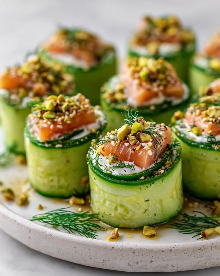 Cucumber Sushi Rolls with feta and salmon crunchy topping
