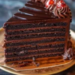 Delicious dark chocolate cake with rich chocolate frosting and garnishes