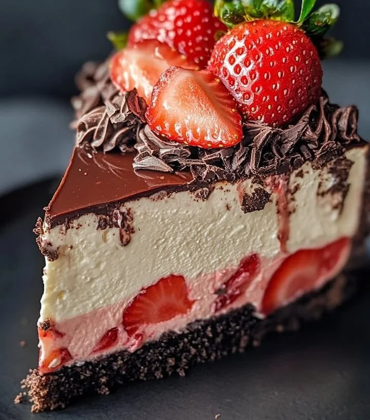 Decadent chocolate strawberry cheesecake topped with fresh strawberries